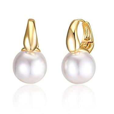 Imagem de Aprilery Brincos pendentes para mulheres, brincos de pérola banhados a ouro 18 K, bola ônix, brincos hipoalergênicos, bijuterias para ela, Banhado a ouro 18K, Pérola