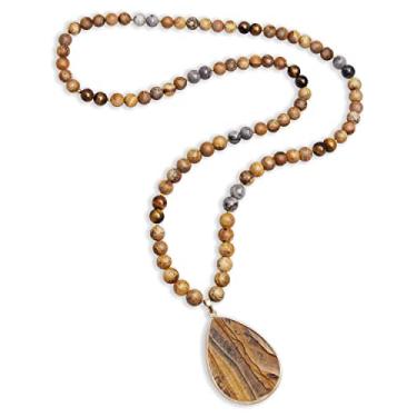 Imagem de PEARLFECT Colares com pingente longo para mulheres/homens na moda, 8 mm, colares de jaspe com contas femininas, 82 polegadas de contas de pedra verde colar BOHO, colar grosso, joias modernas feitas à