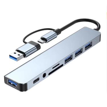 Imagem de Hub Multi Portas Saídas USB 8 em 1, Adaptador com USB 3.0, USB 2.0, Tipo C, Áudio 3,5mm, Leitor de Cartão Micro SD para Laptop, Tablet e Celular