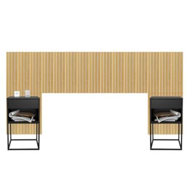 Imagem de Cabeceira Ripado em MDF Cama Casal Com 2 Mesas de Cabeceira Sofia 1 Gaveta - LH Móveis (Amadeirado - Mesa Preto/Pé Preto)