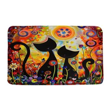 Imagem de JIRGIXA Tapete de banho de gato preto de meados do século, pintura a óleo, boêmio, floral, engraçado, moderno, arte abstrata, 45 x 75 cm, estampa de microfibra, espuma viscoelástica para decoração de