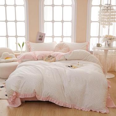 Imagem de MOTNTD Capa de edredom rosa, floral, solteiro, GG, com babados, rosa, coquete, tamanho GG, algodão, boho, estética, fofo, conjunto de capa de edredom com 4 laços nos cantos, conjunto de cama macio