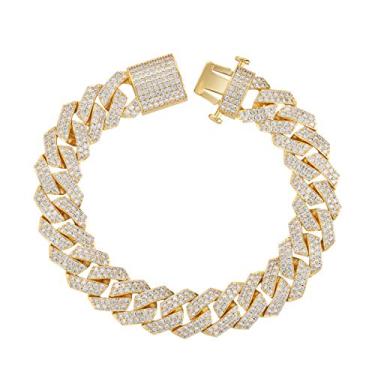 Imagem de PY BLING Gargantilha masculina Hip Hop 15 mm ouro 18K banhado a ouro rosa branco CZ Miami Cuban Link Gargantilha 45,7-61 cm ou pulseira de 19 cm - 21,6 cm com caixa de presente, 7.5 Inch, Pedra