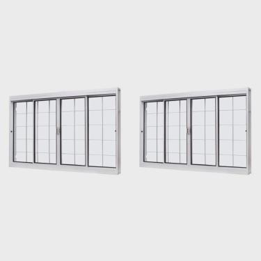 Imagem de Kit com 2 Janelas de Aço de Correr Central 100x120cm 4 Folhas com Grade Quadriculada e Vidro Liso