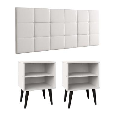 Imagem de Cabeceira Estofada Cama Box Queen Bia 1,60 Corino Kit 2 Mesinhas Nicho Prateleira Pés Palito Retrô Quarto Casal Branco/Preto - rpm