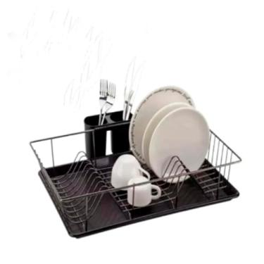 Imagem de Escorredor de Louça Preto 18 Pratos com Bandeja Coletora Removível e Porta Talher – Aço Pintura Epóxi Anticorrosivo | Cozinha - BSMIX