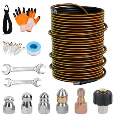 Imagem de AMOPRO Kit de jateador de esgoto de 150 pés para lavadora de pressão, mangueira de limpeza de drenagem 5800PSI 1/4 polegada NPT canto giratório e botão nariz esgoto jato chave inglesa fita impermeável