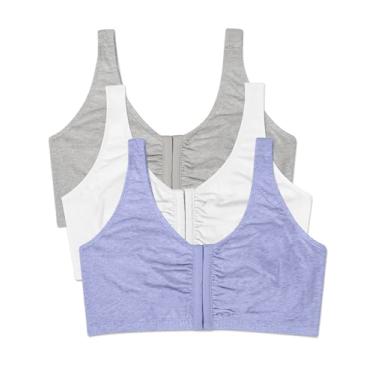 Imagem de Fruit of the Loom Sutiã feminino de algodão com fecho frontal, Pacote com 3 cores mescladas azuis/branco/cinza, 38