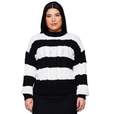 Imagem de Blusa de Tricot Feminina Grossa Inverno trama trançada bicolor TR1884 Cor:;Tamanho:G-Feminino