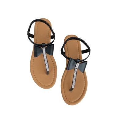 Imagem de GORGLITTER Chinelo feminino com laço elegante tira T tanga verão sandálias rasteiras abertas dedo do pé strass slingback slides, Preto, 39