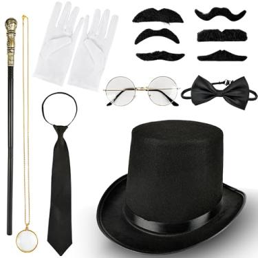 Imagem de Flotory 13 peças de acessórios masculinos anos 1920, chapéu de fantasia de monopólio de cavalheiro, cabeça redonda, cetro, lupa, colar, gravata borboleta, barba para adultos, Conforme mostrado nas