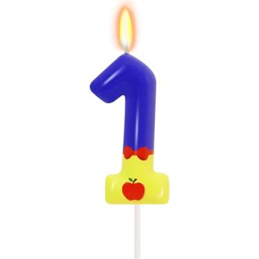 Imagem de Velas de aniversário vermelhas e amarelas, topo de bolo de vela número 1 de conto de fadas com padrão de maçã, suprimentos de festa de aniversário com tema de princesa