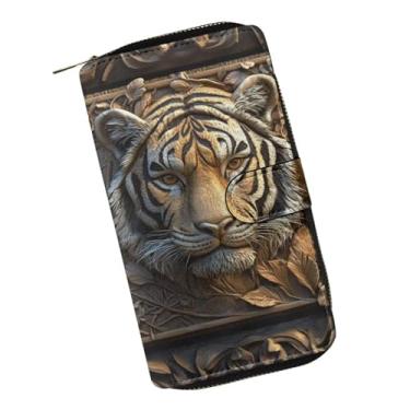 Imagem de COEQINE Carteiras femininas rosa leopardo coração preto impresso couro telefone bolsa de mão longa porta-moedas cheque moeda, Estilo de alívio de cabeça de tigre legal, Large