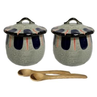 Imagem de Copos japoneses Chawan-mushi com tampa e colher, 9 x A 7 cm, 22 ml, padrão tradicional japonês de duas cores, conjunto de 2, do Japão M22117 (azul marinho, linha vermelha)