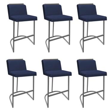 Imagem de Kit 06 Banquetas Com Encosto Confort Bistrô Cozinha Ferro Cinza Sintético Azul Marinho Amey Decor