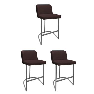 Imagem de Kit 03 Banquetas Com Encosto Confort Bistrô Cozinha Ferro Cinza Suede Marrom Amey Decor