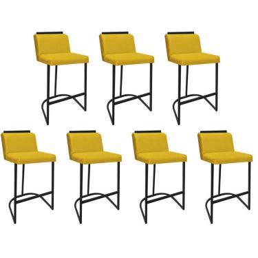 Imagem de Kit 07 Banquetas Com Encosto Confort Bistrô Cozinha Ferro Preto Suede Amarelo Amey Decor