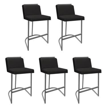 Imagem de Kit 05 Banquetas Com Encosto Nynna Luxo Confort Bistrô Cozinha Ferro Cinza Suede Preto - Amey Decor