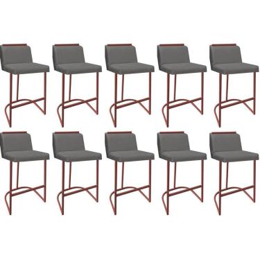Imagem de Kit 10 Banquetas Com Encosto Confort Bistrô Cozinha Ferro Bronze Suede Cinza Amey Decor