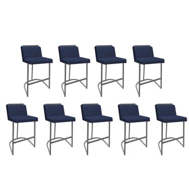 Imagem de Kit 09 Banquetas Com Encosto Confort Bistrô Cozinha Ferro Prata Sintético Azul Marinho Amey Decor