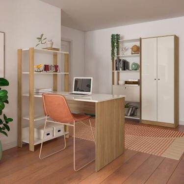 Imagem de Kit 3 Peças Escrivaninha Com Estantes E 2 Armários Match Yescasa Off White Carvalho