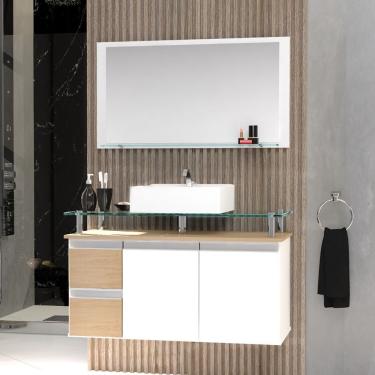 Imagem de Conjunto Gabinete Banheiro 2 Gavetas 2 Portas 80cm Com Espelheira Diamante - Freijó Amadeirado - Bege