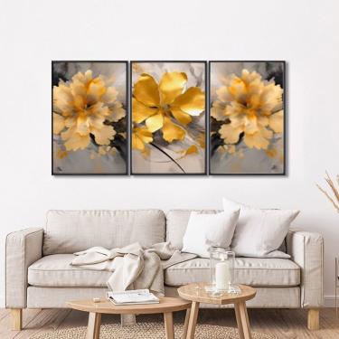 Imagem de Quadro Decorativo Floral Amarelo Com 3 Telas De Parede Para Sala Quarto Escritório 60cm X 90cm Preto
