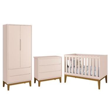 Imagem de Dormitório Infantil Classic 2 Portas, Cômoda 3 Gavetas E Berço Rosa Fosco Com Pés Amadeirado - Reller Móveis Rosa Fosco