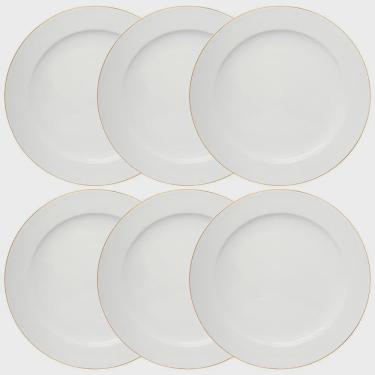 Imagem de Jogo de Pratos Rasos de Porcelana Branco Royal Fio de Ouro 27cm 6 peças - Hauskraft