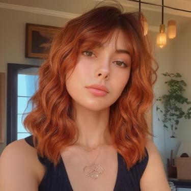 Imagem de ENTRANCED STYLES Peruca Ruiva Com Franja Para Mulheres, Laranja, Curta, Ondulada, Bob, Ombré, Cacheada, Cobre, Raiz Escura, Sintética, Aparência Natural, Resistente Ao Calor, Fibra Capilar, Uso Diár