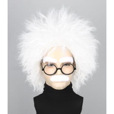 Imagem de Topcosplay Peruca Unissex De Cientista Louco, Bigode, Sobrancelhas, Curta, Branca, Afro, Espetada, Fantasia Halloween, Perucas Cosplay