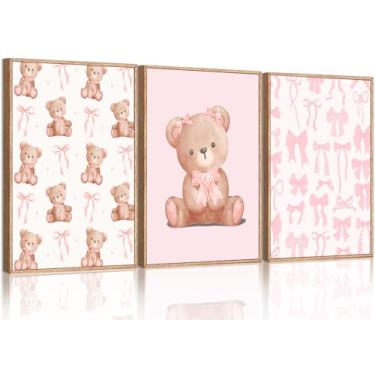 Imagem de 3 peças de urso de pelúcia rosa arte de parede arco coquete decoração de parede imagens animais fofos berçário em tela impressões para quarto de bebê meninas quarto decoração de casa sem moldura