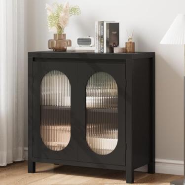 Imagem de GAOMON Armário de armazenamento retrô, armário buffet de 76,5 cm com portas de vidro canelado, estação de armazenamento de café de madeira para cozinha, sala de jantar e sala de estar, preto