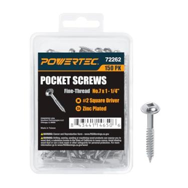 Imagem de POWERTEC Parafusos de bolso com 150 unidades, cabeça Maxi-Loc, unidade quadrada nº 2, rosca fina de 3,5 cm para gabarito de bolso 72248 e 72249 (72262)