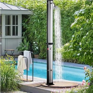 Imagem de Chuveiro Solar Aquecido Chuveiro Ao Ar Livre Com Cabeça De Chuveiro & Torneira De Chuveiro De Pé De 10 Galões Chuveiro De Jardim Externo Chuveiro à Beira Da Piscina Para Casa Comercial