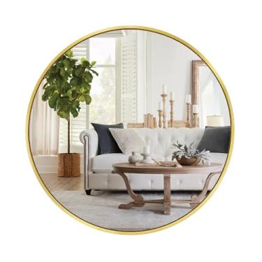 Imagem de Umzodo Espelho de parede circular dourado de 45,7 cm, espelho circular emoldurado de metal escovado para penteadeira de banheiro, sala de estar, entrada, vidro temperado, antiferrugem