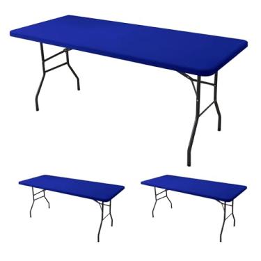Imagem de Enjoyidea Toalha de mesa ajustada para retângulo de 2,5 m - pacote com 2 toalhas de mesa elásticas para piquenique ao ar livre azul real - toalhas de mesa elásticas de elastano 2,4 m para acampamento