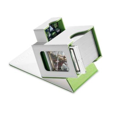 Imagem de Mage Tech Card Deck Box for MTG Commander - Patented Design, Commander Display, Fits 100 Double-Sleeved Cards, 35pt Card Brick & Dice Tray - White/Green
