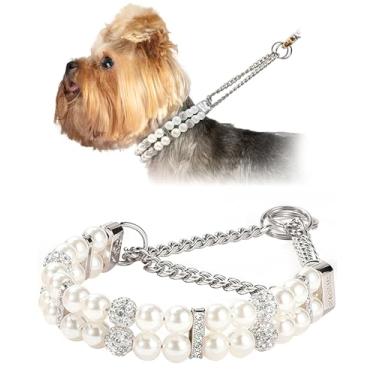Imagem de KUDES Coleira de luxo para cães martingale com pérolas e cristais – coleira de corrente de estrangulamento de treinamento sem puxar – Acessórios para colar brilhante glamoroso para cães de raças