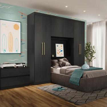 Imagem de Guarda Roupa Infantil 6 Portas 2 Gavetas Porto Preto com Cabeceira