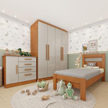 Imagem de Quarto Infantil Completo com Guarda-Roupa Cômoda e Cama 100% MDF Harmonia Espresso Móveis Cinamomo / Off White