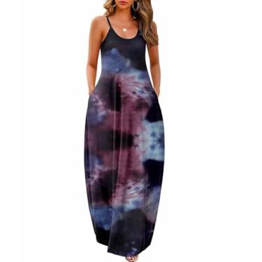 Imagem de Wolddress Vestido feminino 2025 casual sem mangas plus size solto liso longo verão praia maxi vestido com bolsos P-5GG, Tie Dye Nebulosa Vermelho, XGG