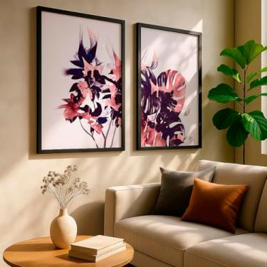 Imagem de Kit 2 Quadros Decorativos Abstrato Floral Colorido Rosa Roxo Moderno Quarto Feminino Arte Com Moldura