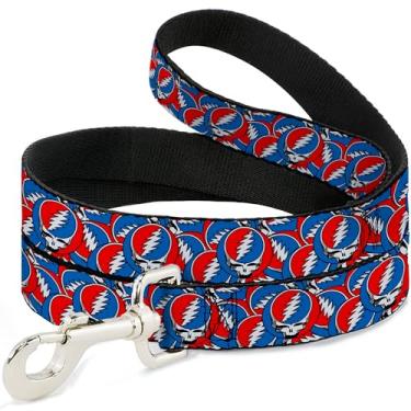 Imagem de Grateful Dead Coleira para cães durável e elegante com fecho de pressão, logotipo Steal Your Face empilhado vermelho branco azul, 1,8 m de comprimento, 3,8 cm de largura