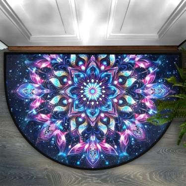 Imagem de Capacho meio redondo, flores, mandala étnica, roxo, antiderrapante, meio círculo, lavável, meia lua, semicírculo, banheiro, corredor, tapete de entrada, para quarto de gatinho, decoração de lareira