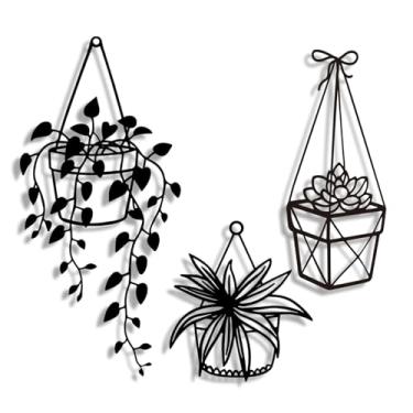 Imagem de Vineland Arte de parede de metal para banheiro, conjunto de 3 designs de plantas botânicas pretas, minimalista moderno boho pendurado para decoração de casa ao ar livre