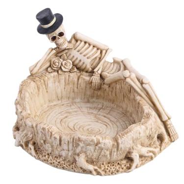 Imagem de Cinzeiro, cinzeiro de Halloween gótico de esqueleto deitado com chapéu de resina 15 x 12 x 9,4 cm, bandeja multiuso para decorações de Halloween, porta-chaves, bugiganga