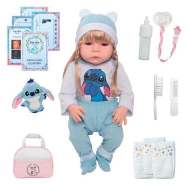 Imagem de Boneca Bebê Reborn Realista Olhos Castanhos Stitch Bolsa - Cegonha Reb