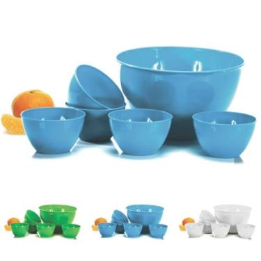 Imagem de Kit 6 Tigelas Plásticas Coloridas BPA Free – 5 de 350ml + 1 de 3,5L – Micro-ondas, Freezer e Lava-Louças – Jogo de Sobremesa, Petisco e Servir (Azul)