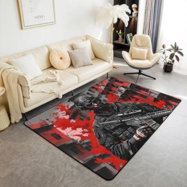 Imagem de Black Gun Kids Area Rug, Small Arms Bullet War Tapete de entrada, jogo de armas ocidentais americano, tapete antiderrapante, vermelho preto moderno sofá decoração de sala de estar, 1,5 m x 1,82 m